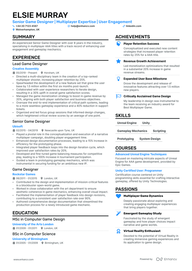 Game Design CV example