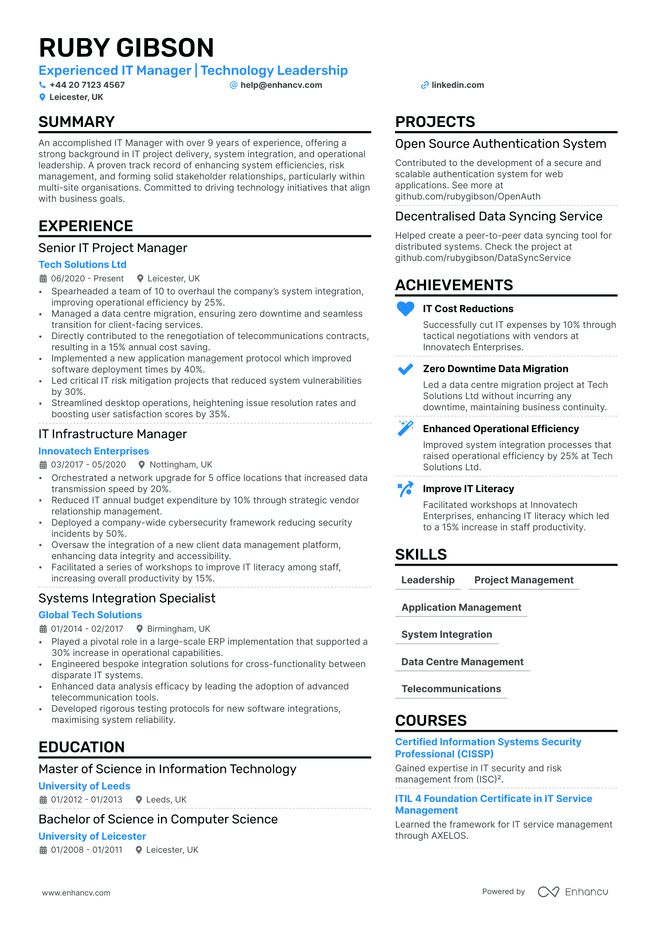 IT Manager CV example