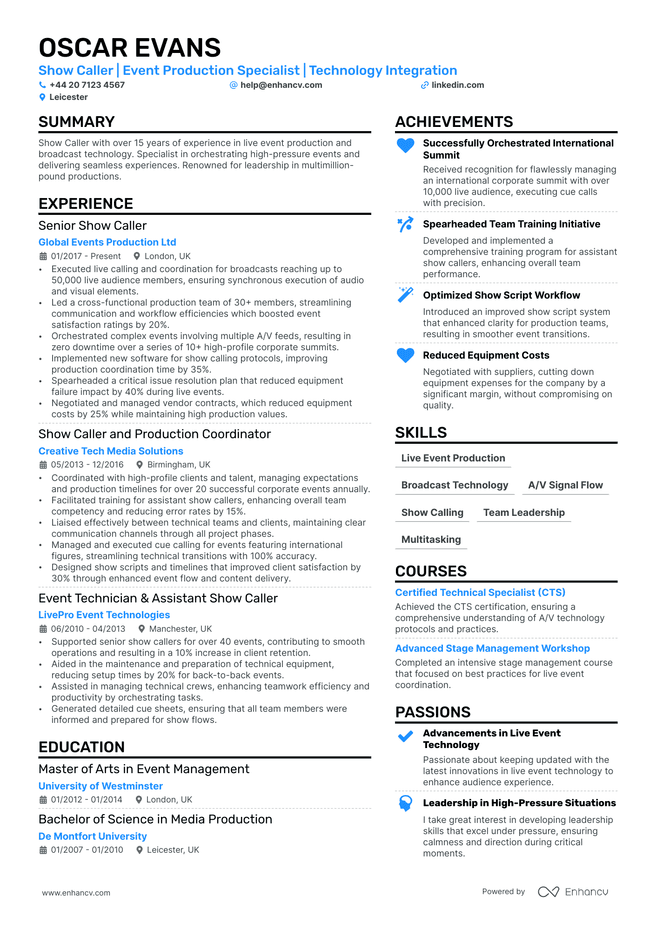 Stage Manager CV example