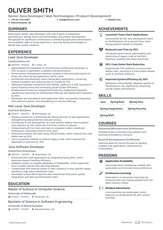 Java Developer CV example
