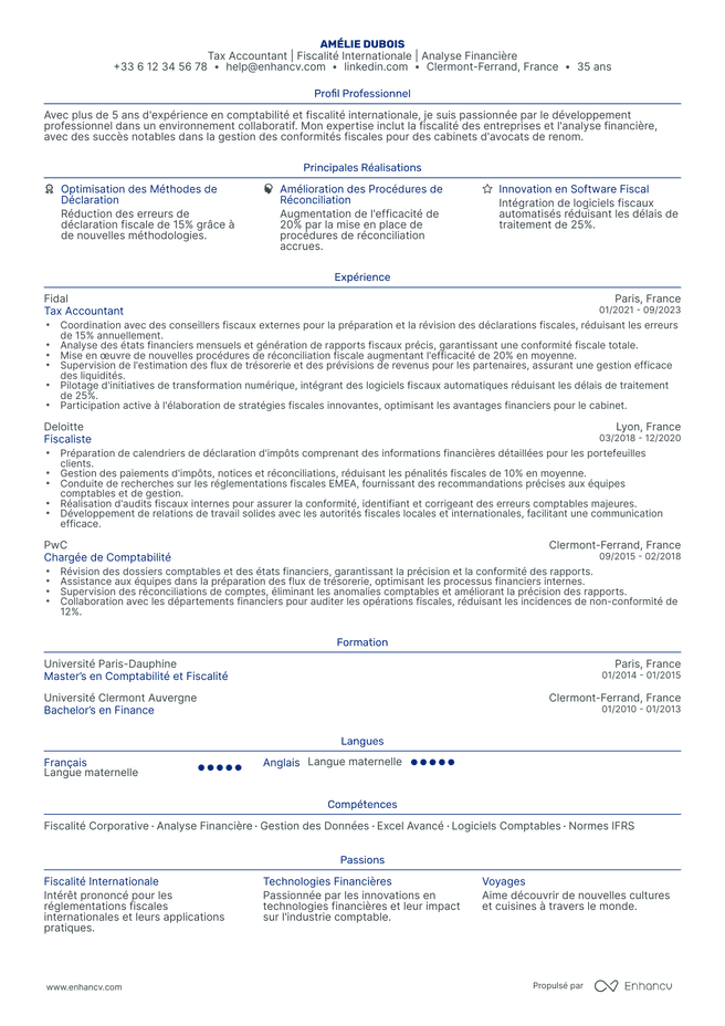 exemple de CV pour Comptable Fiscaliste