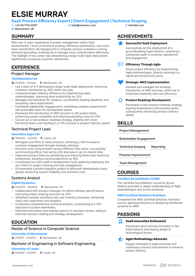 Delivery Manager CV example