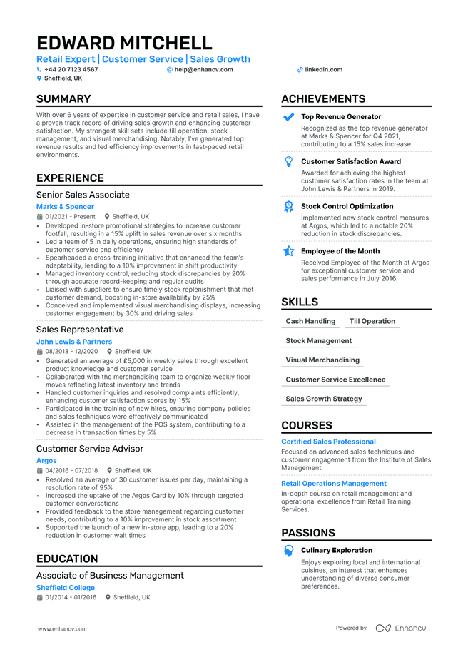 Shop Assistant CV example