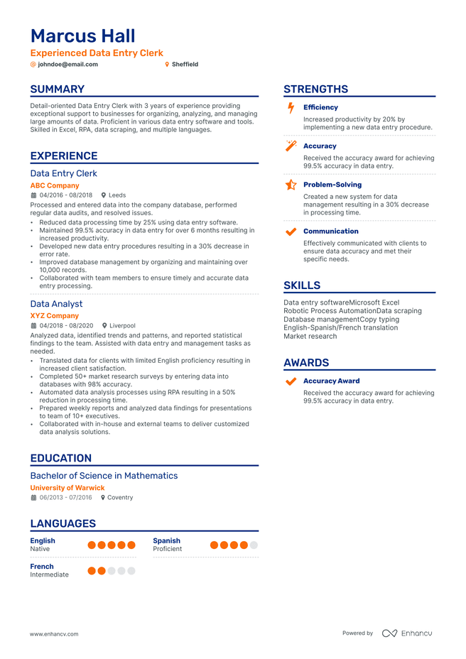 Data Entry CV example