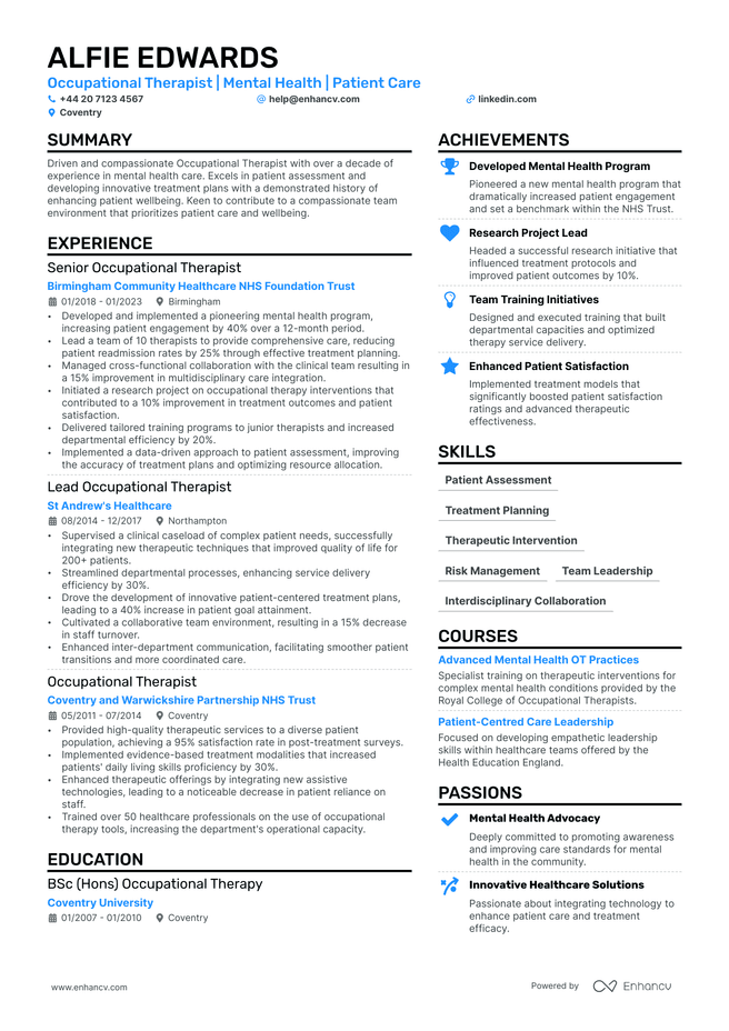 Occupational Therapist CV example