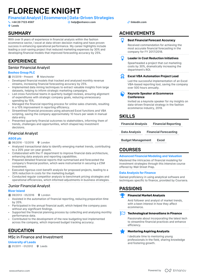 Financial Analyst CV example