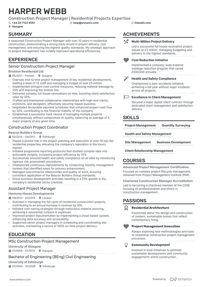 Construction Project Manager CV example