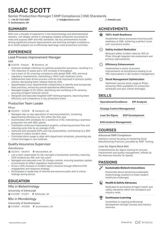 Production Manager CV example