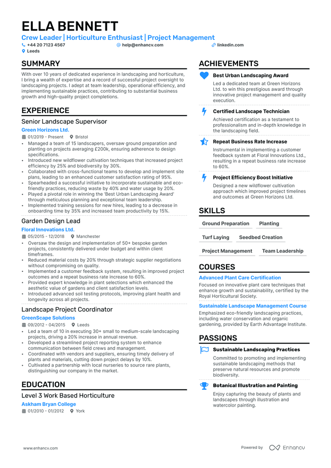 Landscaping CV example