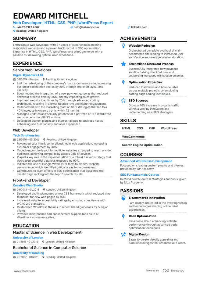 Web Developer CV example