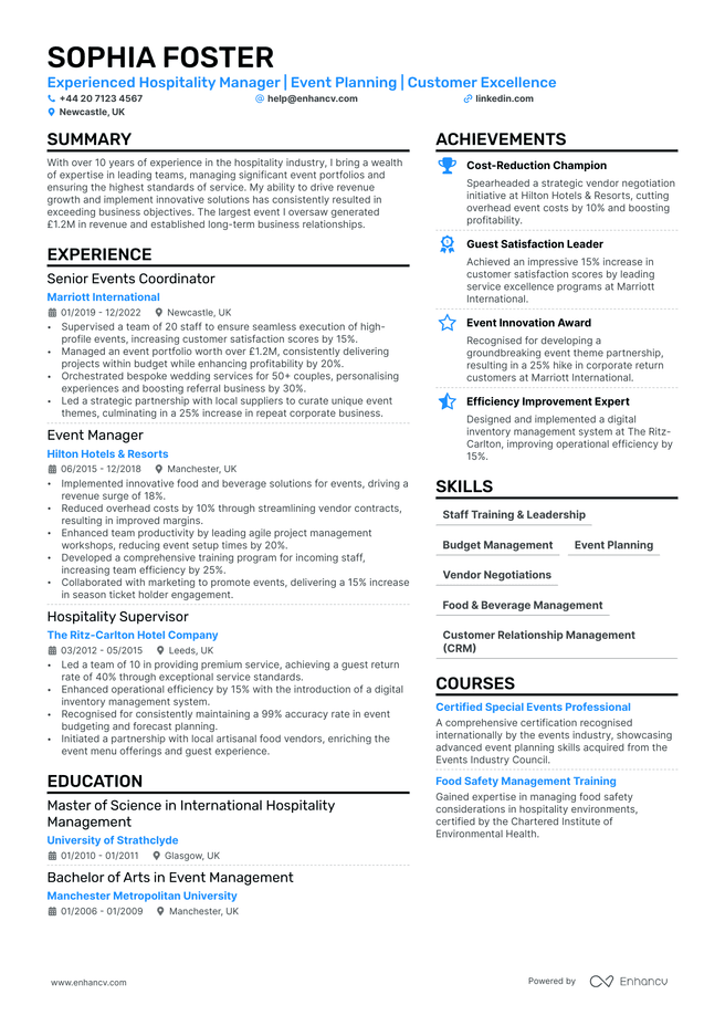 Hospitality Manager CV example