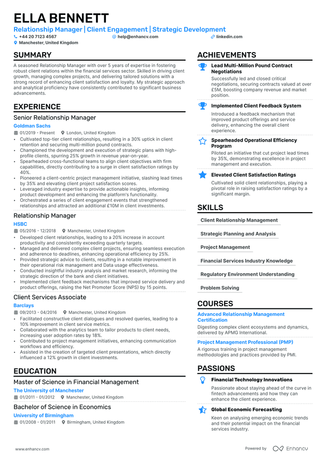 Relationship Manager CV example