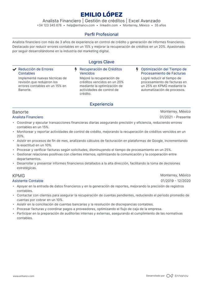 ejemplo de CV de Asistente de Finanzas
