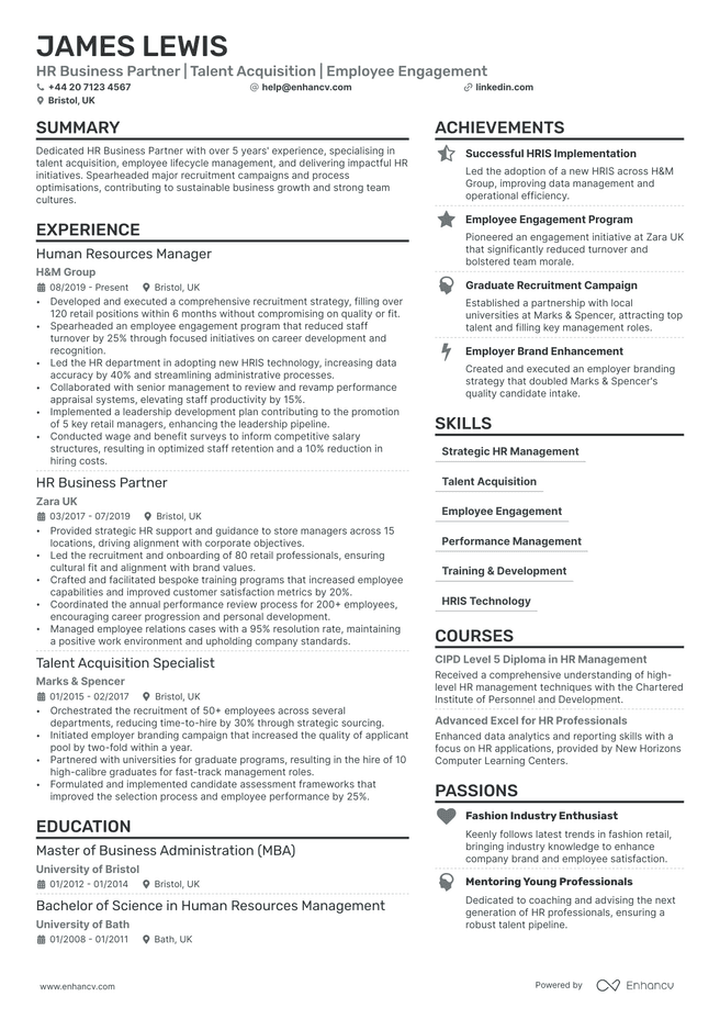 HR Business Partner CV example
