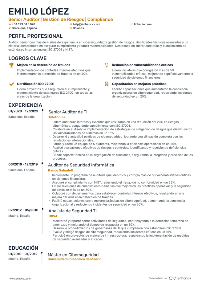 ejemplo de CV de Auditor de Informática
