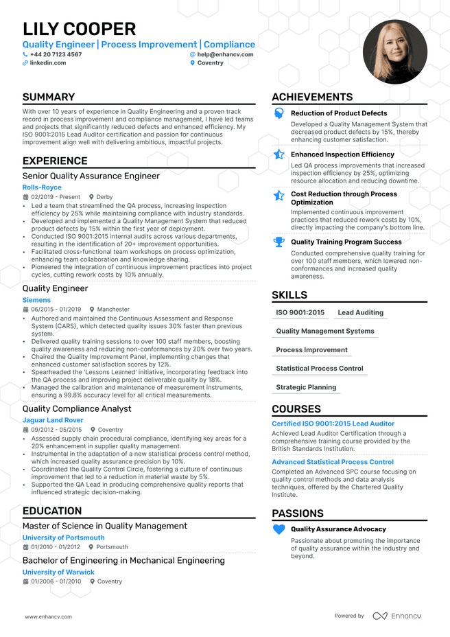 Quality Engineer CV example