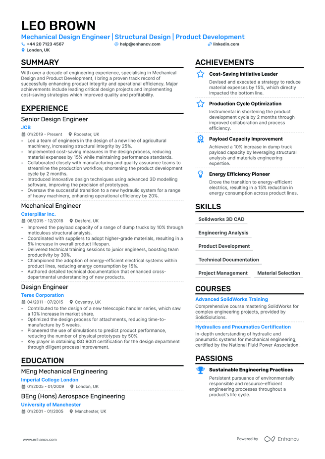 Mechanical Design Engineer CV example