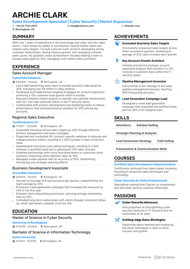Sales Development Representative CV example