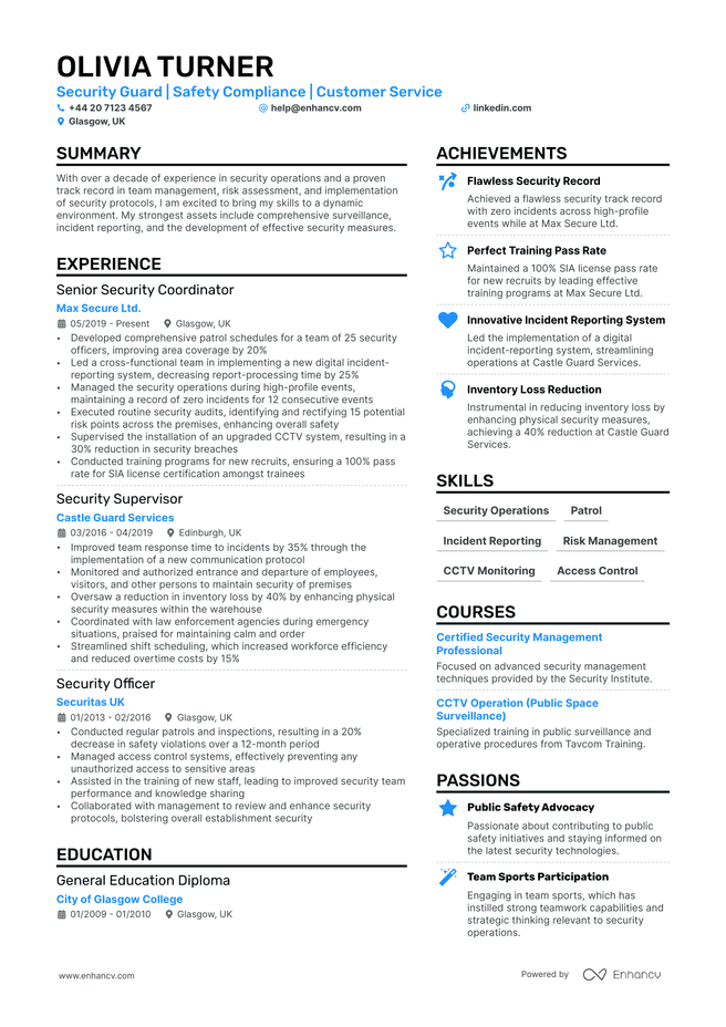 Security Guard CV example
