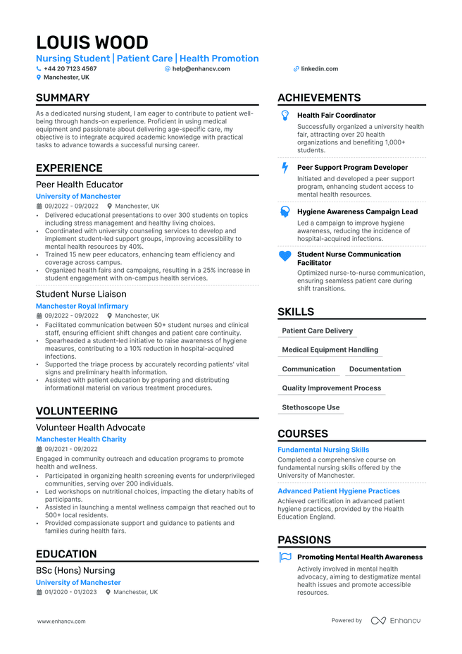Nursing Student CV example