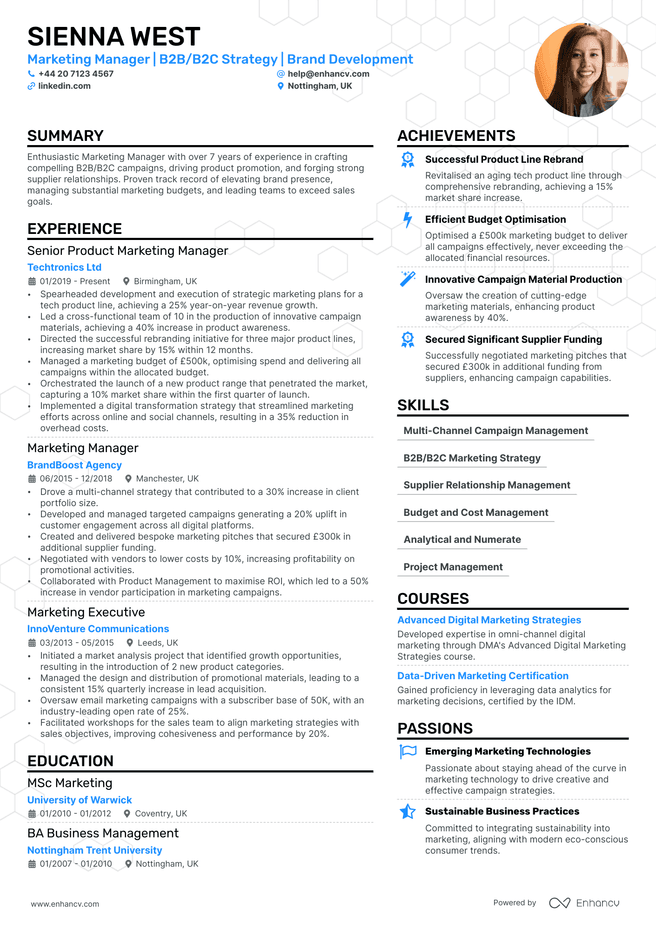 Product Marketing Manager CV example