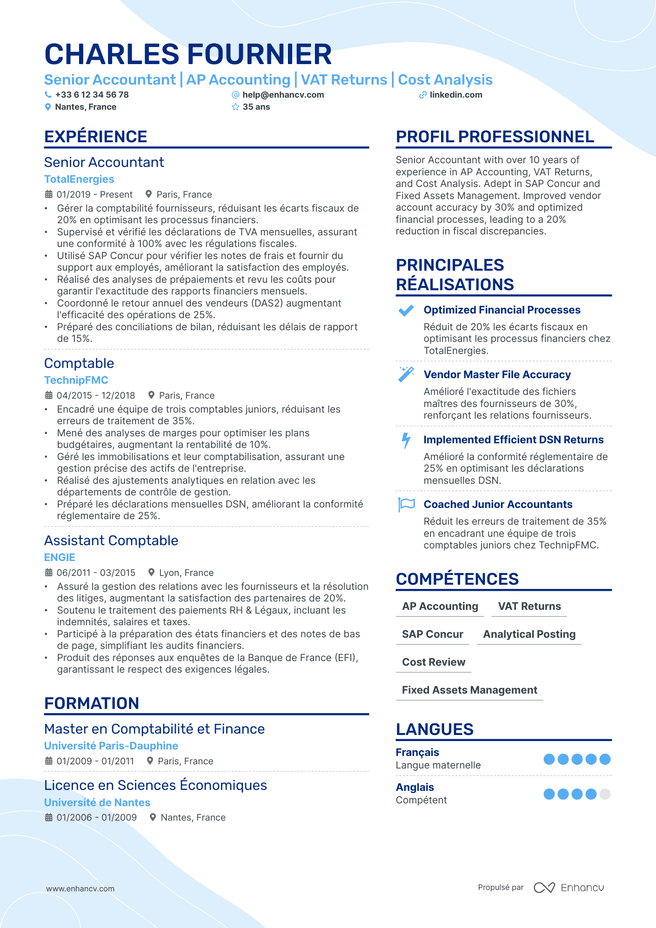 exemple de CV pour Comptable Senior