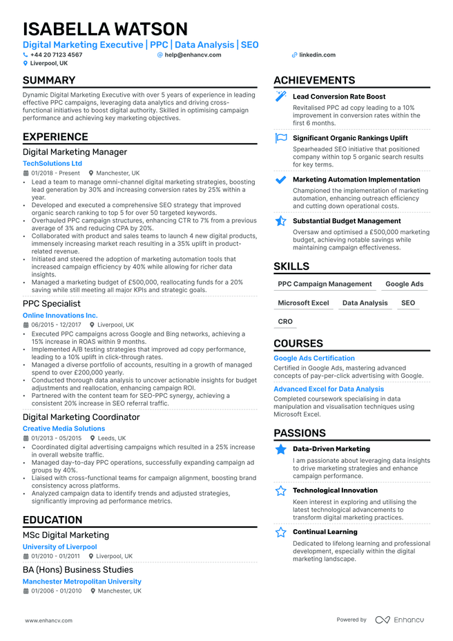 Digital Marketing CV example