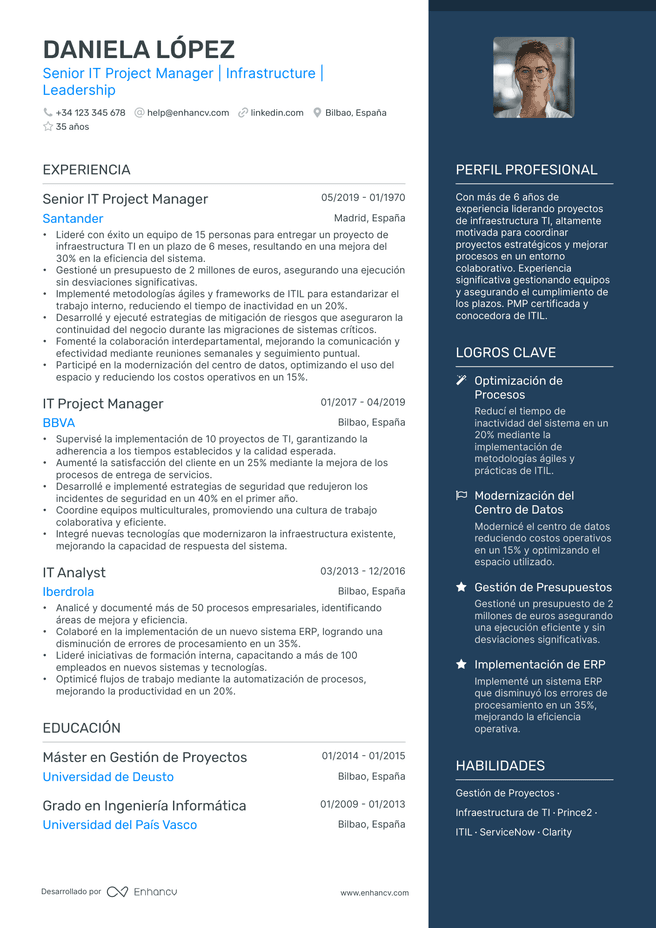 ejemplo de CV de Gerente de Proyecto de TI