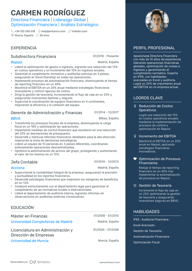 ejemplo de CV de Jefe de Finanzas