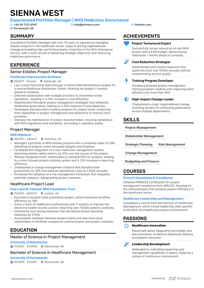 Portfolio Manager CV example