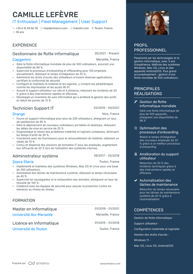 exemple de CV pour Support Informatique