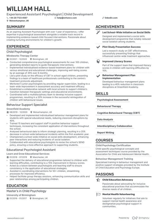 Psychologist CV example