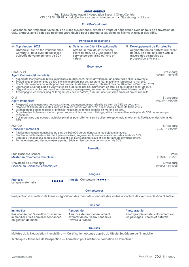 exemple de CV pour Agent Immobilier Commercial