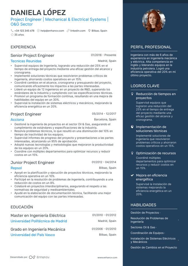 ejemplo de CV de Ingeniero de Proyectos