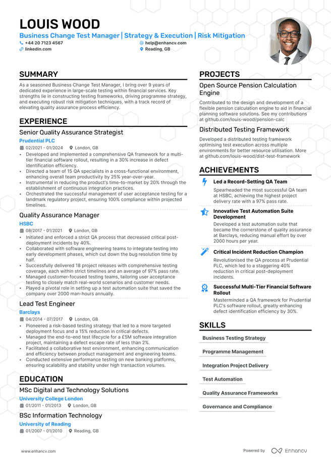 Test Manager CV example