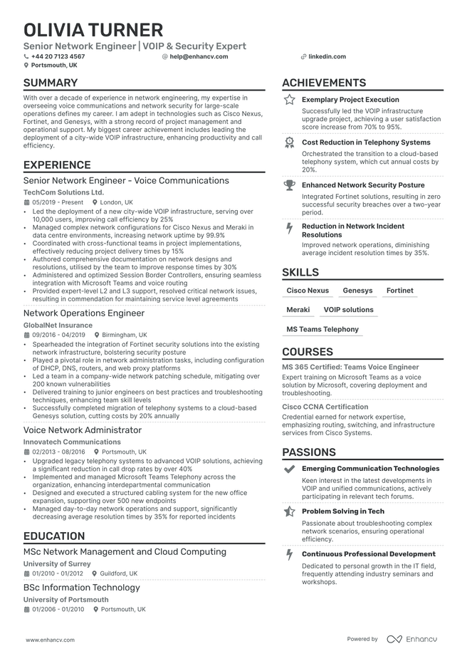 Network Engineer CV example