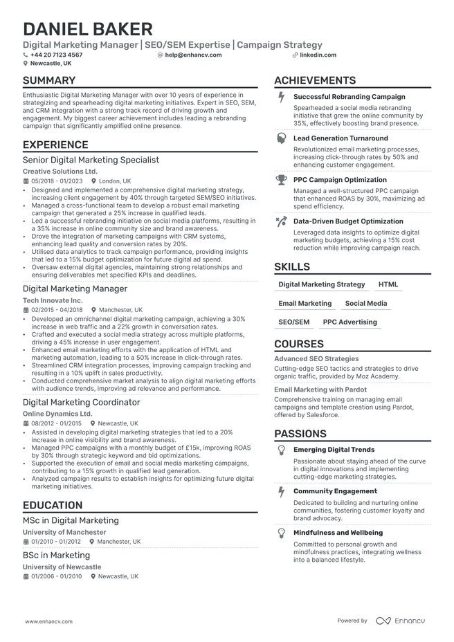 Digital Marketing Manager CV example