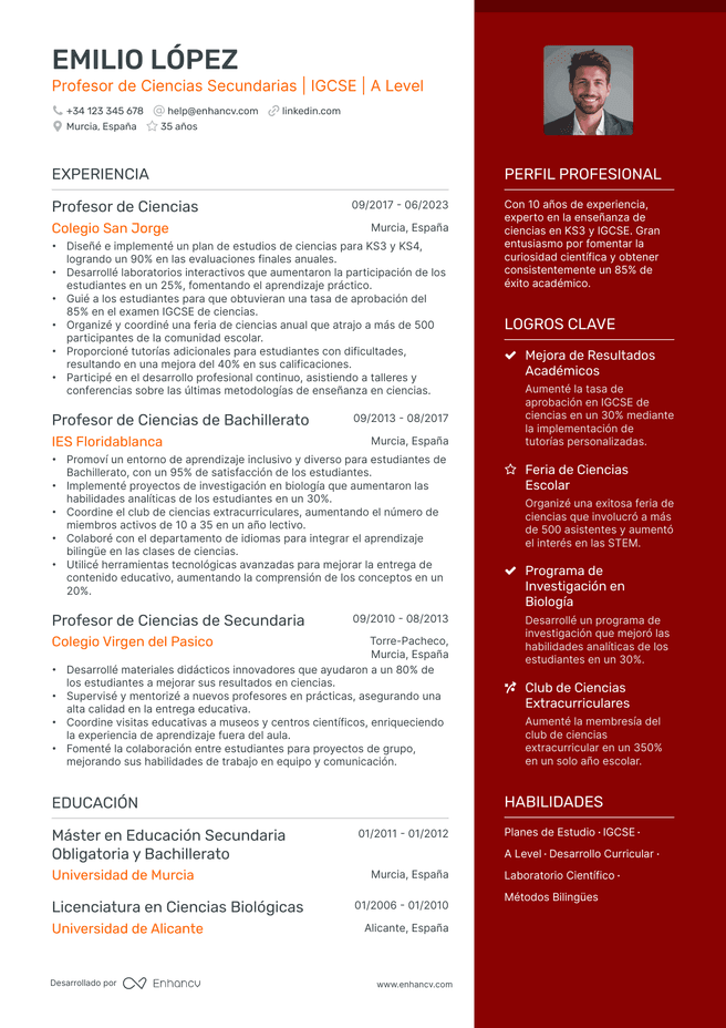 ejemplo de CV de Maestro de Ciencias