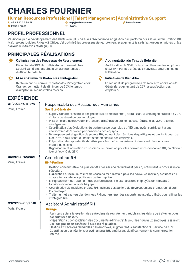 exemple de CV pour Adjoint RH