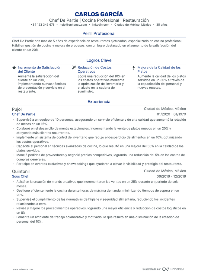 ejemplo de CV de Chef de Cocina