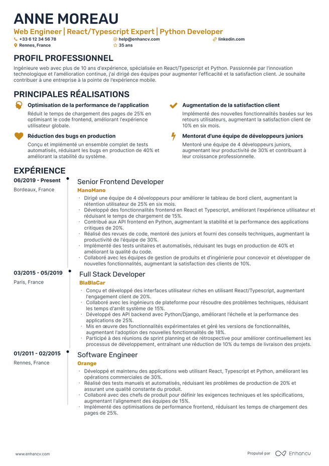 exemple de CV pour Web Developpeur Senior