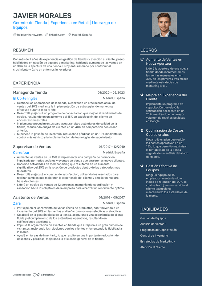 ejemplo de CV de Encargado de Tienda