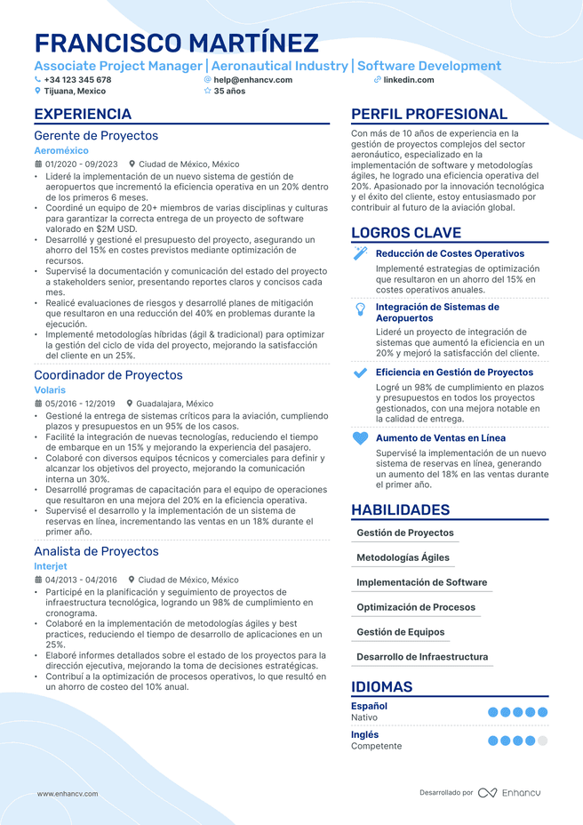 ejemplo de CV de Gerente de Proyecto Asociado