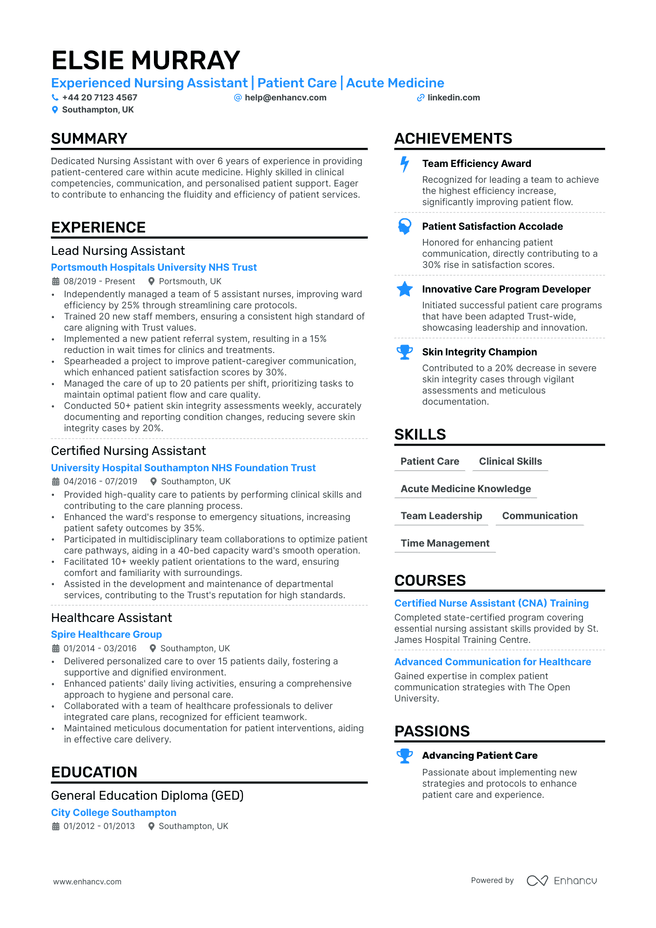 Nursing Assistant CV example