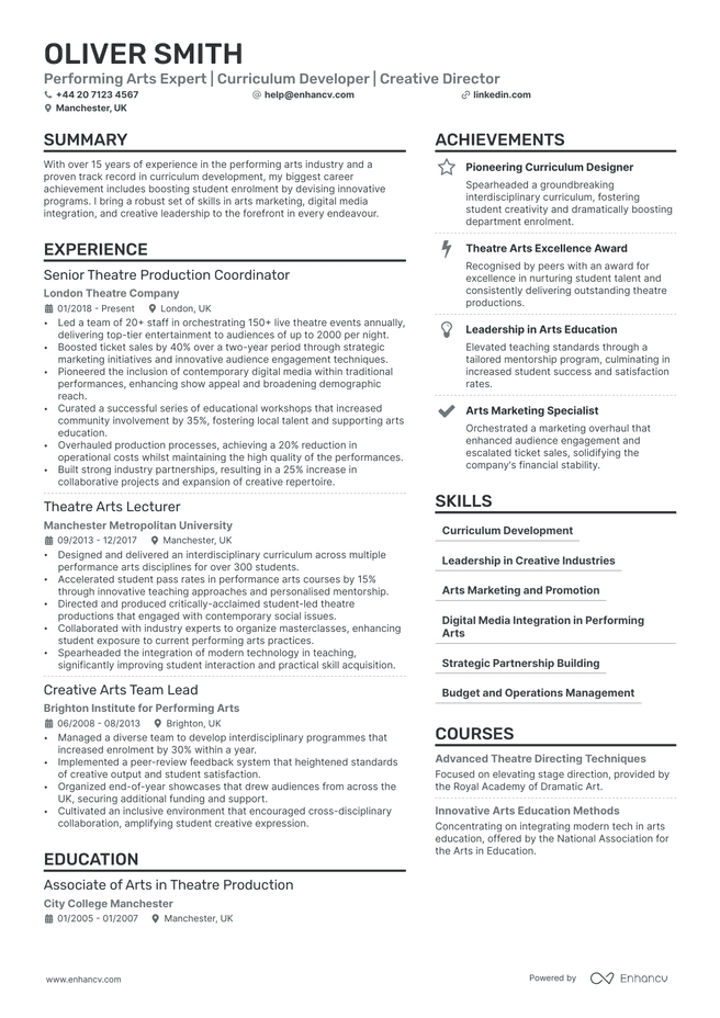 Performing Arts CV example