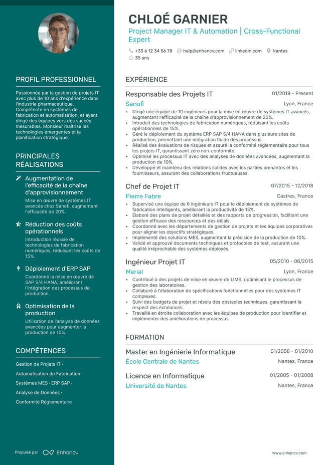 exemple de CV pour Chef de Projet IT