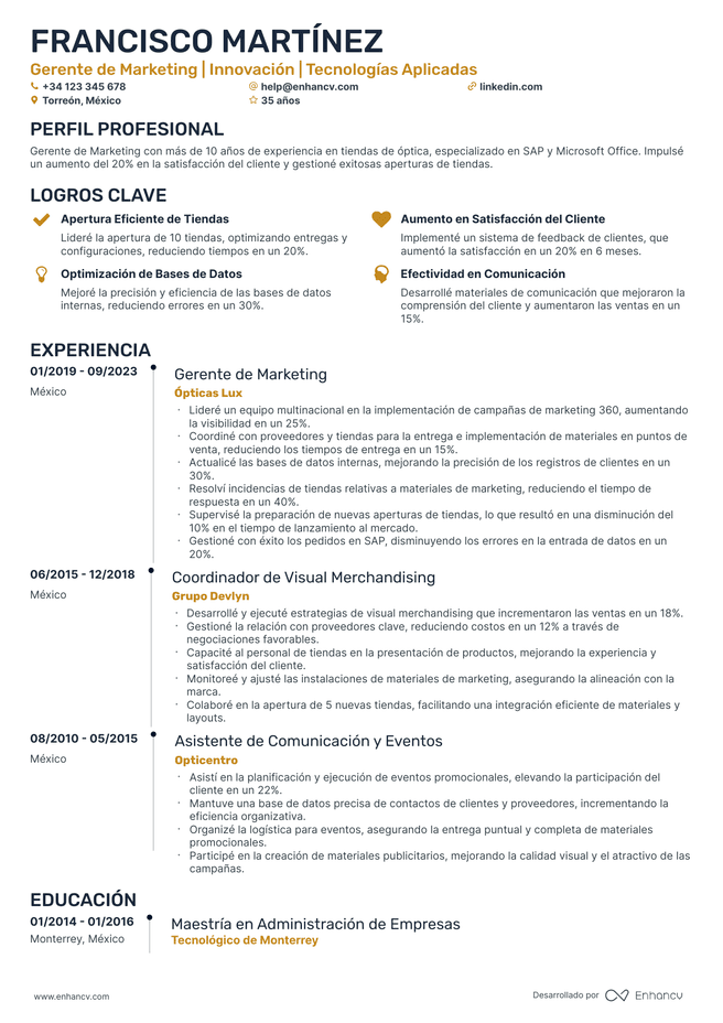 ejemplo de CV de Analista de Marketing