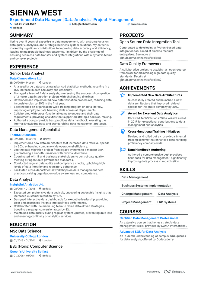 Data Manager CV example
