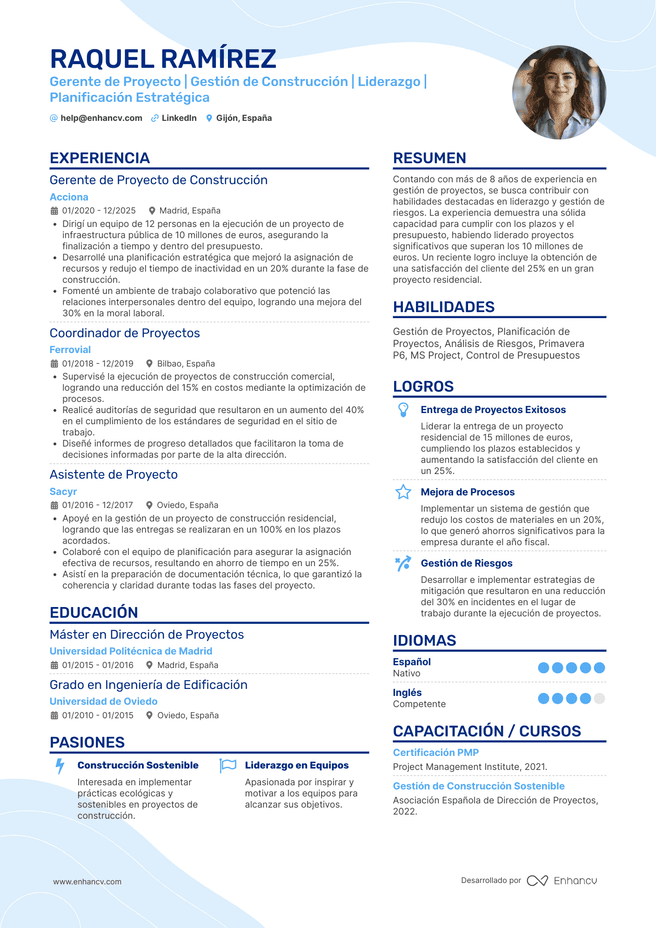 ejemplo de CV de Gerente de Proyecto de Construccion