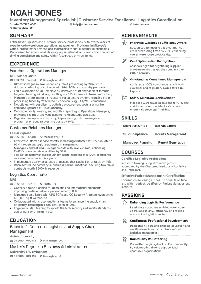Customer Service Manager CV example